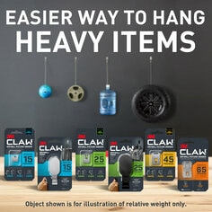 Easier way to hang heavy items. 3M CLAW™ Drywall Picture Hanger and Drywall Hooks in packaging. Object shown is for illustration of relative weight only.