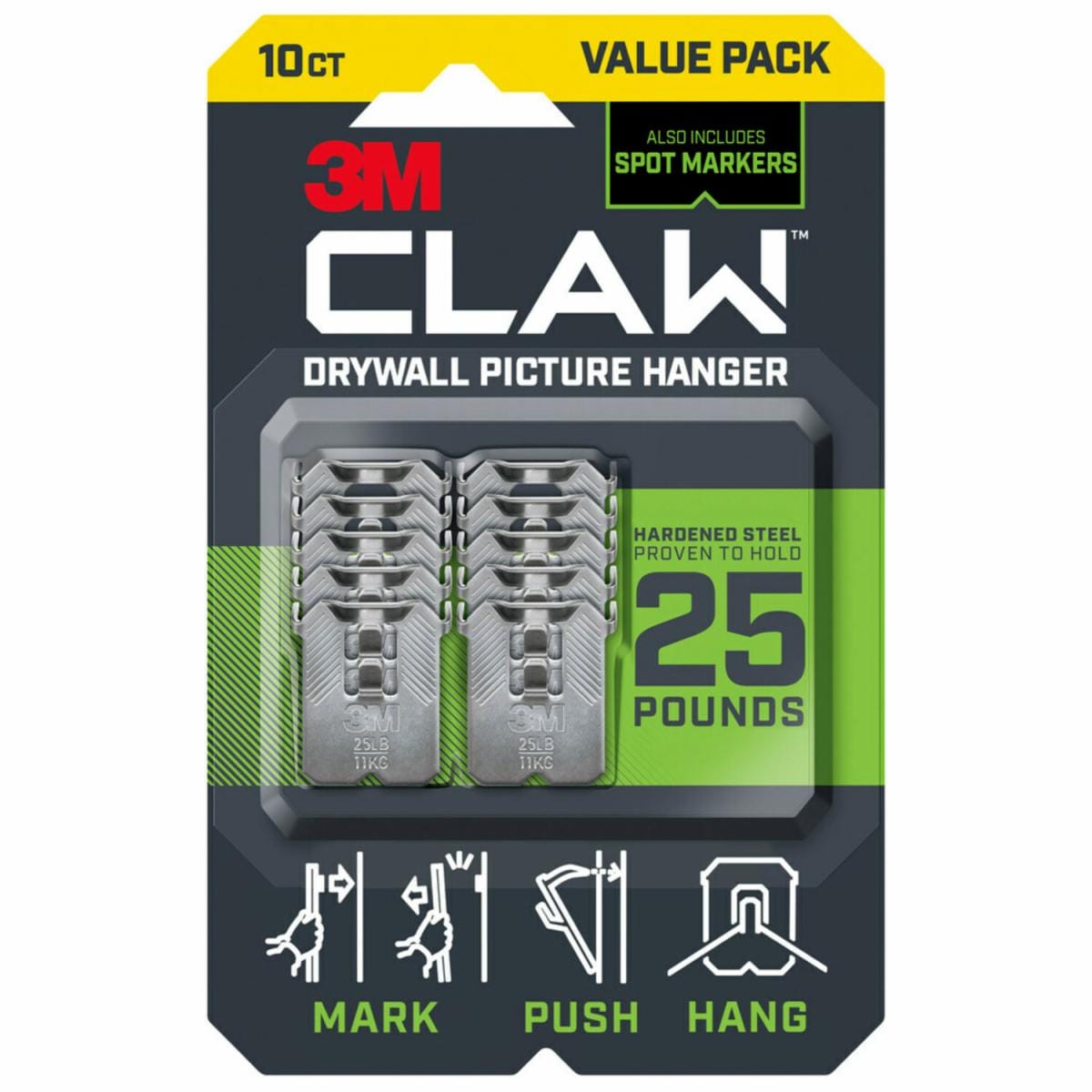 CLAW Drywall Picture Hangers 25lb with Temporary Spot Markers 3PH25M-10ES