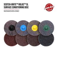 Scotch-Brite Roloc SL Surface Conditioning Disc. The Scotch-Brite Roloc SL Surface Conditioning Disc is a durable product that combines blending and finishing capability with aggressive cut. Its unique web construction and formulation allows the disc to resist loading while giving you an aggressive cut and long product life – on both edges and flat surfaces. Base ID: B40064718, Pathfinder Project; UPC; Basic Content; Rich Product Card; PF23, Secondary Image 01