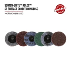 Scotch-Brite Roloc SE Surface Conditioning Disc. Scotch-Brite Roloc SE Surface Conditioning Disc combines a coarse, non-woven disc to perform heavy-duty deburring and finishing with the efficiency of the 3M Roloc quick-change attachment system. Heavy-duty non-woven fiber construction conforms well to help preserve irregular or contoured surfaces and Roloc backing supports the disc to allow for aggressive cutting. Base ID: B40064879, Pathfinder Project; UPC; Basic Content; Rich Product Card; PF23, Secondary Image 01
