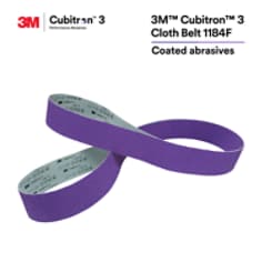 3M Cubitron 3 Cloth Belt 1184F. Introducing the 3M Cubitron 3 Cloth Belt 1184F, featuring a re-engineered 3M Precision-Shaped Grain. Designed to give you the performance boost you need, this belt outperforms competitive belts, as well as previous-generation 3M belts. This cloth belt delivers up to 86% faster cut rate compared to crushed ceramic competitors - providing the ultimate in performance. Available in 36+ grit for medium and high-pressure applications like gate grinding and other heavy grinding. Base ID: B5005459009, Pathfinder Project; UPC; Basic Content; Rich Product Card; PF23, Secondary Image 01