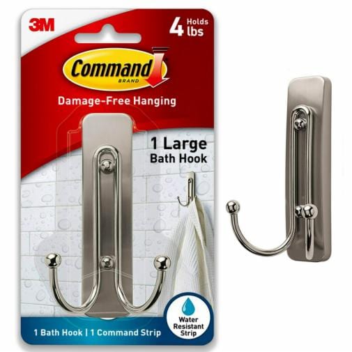 Command™ Large Double Bath Hook, Satin Nickel, 1 Hook, 1 Large Water-Resistant Strip/Pack in packaging. Close up of hook out of package.