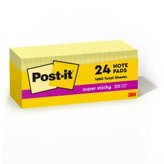 Post-it® Super Sticky Notes, 3 in. x 3 in., Canary Yellow, 24 Pads/Cabinet Pack