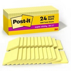 Post-it® Super Sticky Notes, 3 in. x 3 in., Canary Yellow, 24 Pads/Cabinet Pack