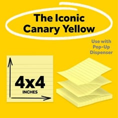 post it super sticky dispenser pop up notes size is four inches high and four inches wide pages are lines and are in Canary yellow color