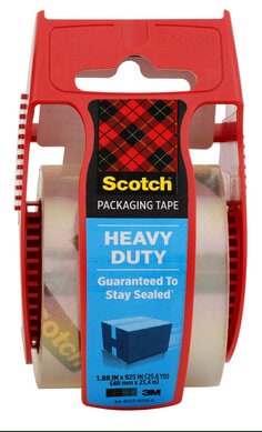 scotch heavy duty packaging tape with small dispenser the tape is one point eight eight inches wide by eight hundred inches long
