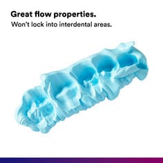 Secondary image 2 for Imprint 4 VPS Bite Registration Material featuring blue bite registration mold on white background and "Great flow properties. Won't lock into interdental areas" text