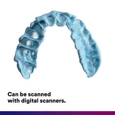 Secondary image 4 for Imprint 4 VPS Bite Registration Material featuring hardened blue bite registration on white background and "Can be scanned with digital scanners" text