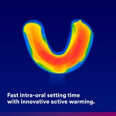 Secondary image 1 for use on Imprint 4 VPS Impression Material PDP featuring active warming impression material on blue background and "Fast intra-oral setting time with active warming with innovative active warming" text