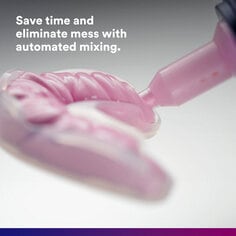 Secondary image 4 for Imprint 4 Preliminary Impression Material PDP featuring pink impression material being placed inside mold with syringe and "Save time and eliminate mess with automated mixing" text