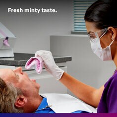 Secondary image 5 for Imprint 4 Preliminary Impression Material PDP featuring dentist putting mold with impression material into patient's mouth and "Fresh minty taste" text