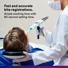 Secondary image 1 for Imprint 4 VPS Bite Registration Material featuring dentist applying bite registration material in patient's mouth and "Fast and accurate bite registrations. Ample working time with 60-second setting time" text