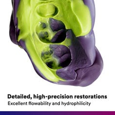 Secondary image 3 for use as enhanced content on  Impregum Super Quick Polyether Impression Material PDP featuring closeup of green and purple dental imprint and "Detailed, high-precision restorations. Excellent flowability and hydrophilicity" text