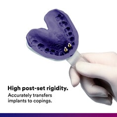 Secondary image 5 for use on Impregum Polyether Impression Material PDP featuring gloved hand holding setting material with clear plastic stick and "High post-set rigidity. Accurately transfers implants to copings." text