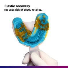 Secondary image 3 for use on Express 2 VPS Regular Set PDP featuring gloved hands holding blue/yellow quick set mold image and "Elastic recovery reduces risk of costly retakes" text