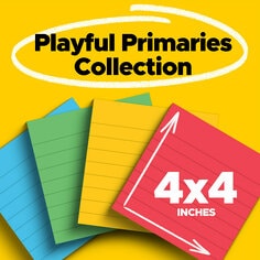 Post-it® Super Sticky Notes, 4 in. x 4 in., Lined, 4 pads, Playful Primaries Colors