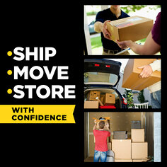 Scotch box lock shipping tape helps you ship, move and store with confidence.  The image shows a person delivering a package.  The image shows a person putting moving boxes into a car.  The image shows a person putting boxes in a storage unit. 