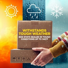 Scotch box lock shipping tape withstands tough weather.  The box stays sealed in tough conditions up to 140°F.  The image shows a person holding two corrugate boxes that are taped shut in sunny, rainy and cold weather. 