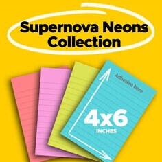 post it super sticky notes in four by six inches with lined pads with three pads per pack in supernova neons color collection