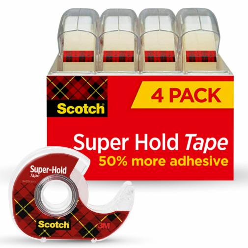 Scotch Super Hold Tape 4 pack of dispensers.  The image show the 4 dispensers in packaging and one dispenser out of package.  The box states that Scotch Super Hold Tape has 50% more adhesive.  