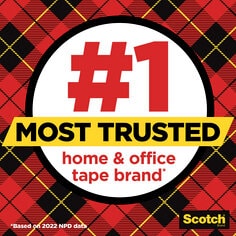 Scotch is the # 1 must trusted home & office tape brand based on 2022 NPD data. The image shows a #1 most trusted logo on a red plaid background. 