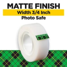 Scotch Magic Tape comes in matte finish, 3/4 inch width and is photo safe.  Image of Scotch Magic roll of tape.