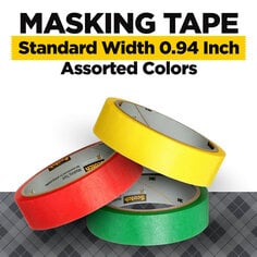 Scotch Expressions Colored Masking Tape has a standard width of 0.94 inches.  The image shows a roll of yellow, red and green masking tape on a gray plaid background.
