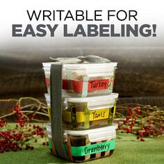 Scotch Expressions Colored Masking Tape is writable and is great for easy labeling.  Three organizers are stacked on top of one another and are labeled with red, green and yellow tape.  