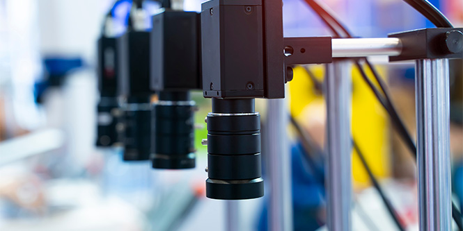 close-up of machine vision cameras observing items on an assembly line