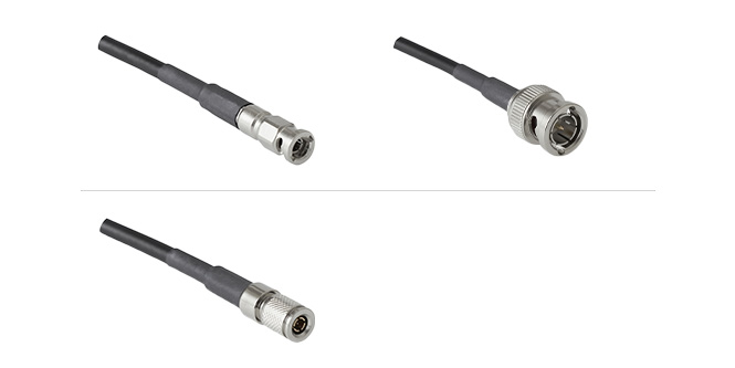 Product shots of CoaXPress Cable Assembly connectors BNC, Micro-BNC and DIN 1.0/2.3