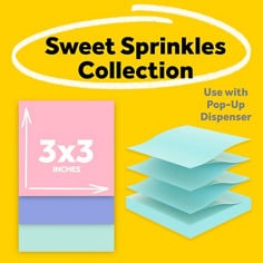 Sweet Sprinkles Collection.  Image shows three Post-it Pop-Up Notes that are 3 by 3 inch in moonstone blue, fresh mint green, and positvely pink colors.