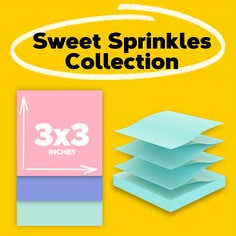 Sweet Sprinkles Collection.  Image shows three Post-it Pop-Up Notes that are 3 by 3 inch in moonstone blue, fresh mint green, and positvely pink colors.