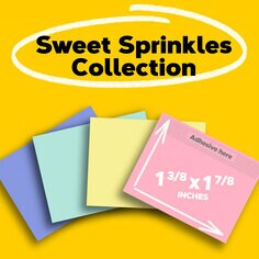 Sweet Sprinkles Collection.  Image shows four Post-it Notes that are 1 3/8 by 1 7/8 inch in moonstone blue, fresh mint green, canary yellow and positvely pink colors.