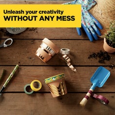 Unleash your creativity without any mess.  Image of gardening gloves, pots, and garden utensils.  Use washi tape to help decorate the garden pots and garden utensils. 