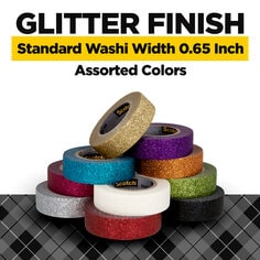 Scotch washi tape with a glitter finish.  Standard washi width of 0.65 inches in assorted colors.  Shows ten rolls of glitter washi in assorted colors out of package on a white background. 