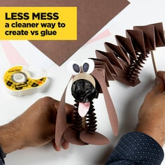 Less mess, a cleaner way to create vs glue.  Image shows a paper crafted dog using brown paper and Scotch double sided tape. 