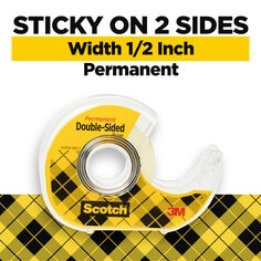 Scotch Double Sided Tape is permenant.  It is sticky on two sides and width of 1/2 inch.  Image shows one tape dispenser with one roll of Scotch Double Sided tape on a yellow plaid background.