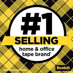 Scotch Double Sided Tape is the #1 selling home & office tape brand according to a 2022 NPD data. Image shows claim on a white circle on a yellow plaid background.