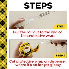 Scotch Double Sided Tape has a protective wrap.  When you open the tape for the first time, take the roll and pull it out to the end of the protective wrap.  Cut the protective wrap on the dispenser where it's no longer glossy.  The image shows the two steps to remove the protective wrap. 
