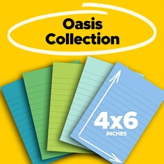 Image shows Post-it Oasis Collection, 5 notes in Washed Denim, Mint, Limeade, Lucky Green, Sea Glass 4 by 6 inches lined on a yellow background.