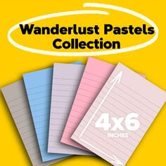 Image shows Post-it Wanderlust Collection, 5 notes in Pink Salt, Postively Pink, Orchid Frost, Washed Denim, Mint, Pebble Gray 4 by 6 inches lined on a yellow background.