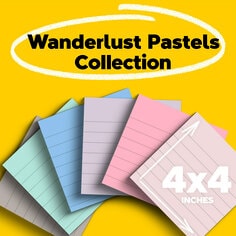 Image shows Post-it Wanderlust Collection, 6 notes in Pink Salt, Postively Pink, Orchid Frost, Washed Denim, Mint , Pebble Gray, 3 by 3 inches lined on a yellow background.