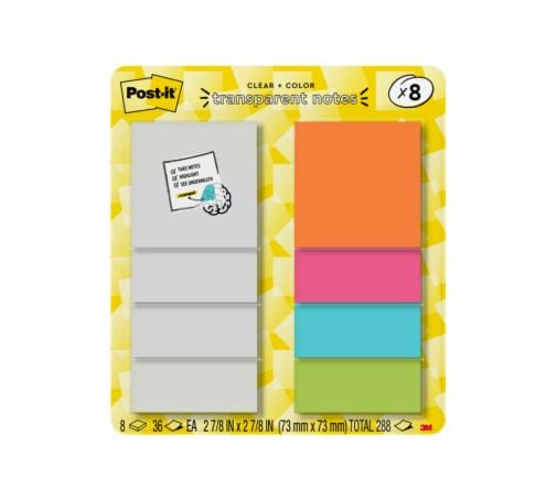 8 pack of 3 inch by 3 inch Transparent Notes in different colors