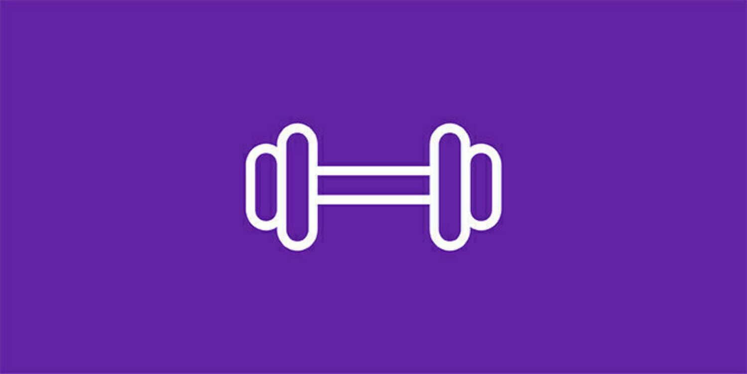 White icon of dumbell on purple background