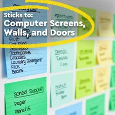 Variety of Post-it Notes on a wall with notes written on them.  Post-it notes stick to computer screens, walls and doors.