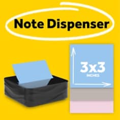Post-it Note Wave Dispenser and three 3x3 inch Post-it Notes in blue, gray and salt pink colors.