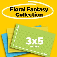 Post-it Floral Fantasy Collection, image of three 3x5 inch Post-it Notes in limeade, citron and blue paradise colors.
