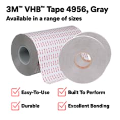 Dream, Design, Deliver with 3M™ VHB™ Tape 4956. It is a gray, 0.062 in (1.6 mm), multi-purpose acrylic adhesive with a conformable, foam core. It can replace rivets, welds and screws. The fast and easy to use permanent bonding method provides high strength and long-term durability. It offers design flexibility with its viscoelasticity and powerful ability to bond to a variety of surfaces.