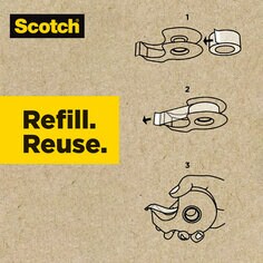 Refill Reuse tape.  Step one load tape dispenser by gently spreading the dispenser walls.  Step 2 Insert new roll into position.  Step 3 use tape.