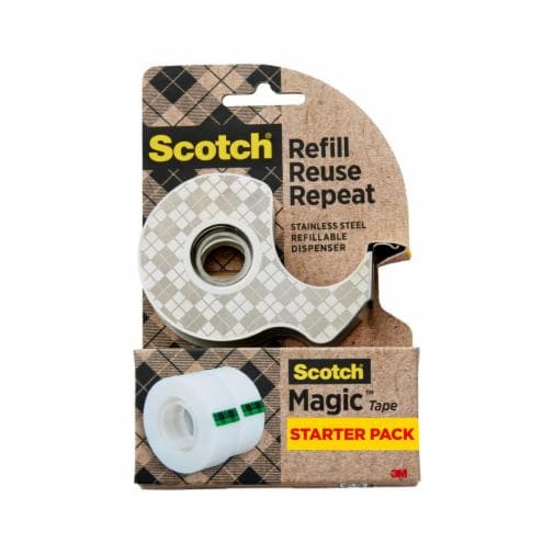 Scotch Stainless Steel Refillable Dispenser and 2 Rolls of Scotch Magic Tape with 66 percent Plant Based Adhesive in a brown package.  Refill Reuse Repeat. 
